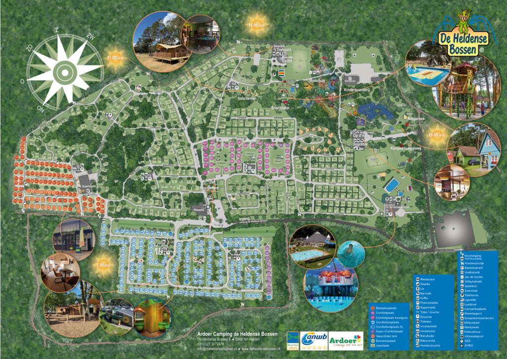 Handgetekende en Digitaal ingekleurde plattegrond van de heldense bossen in Helden Limburg. Grote camping met veel verschillende staanplaatsen en grote speeltuin