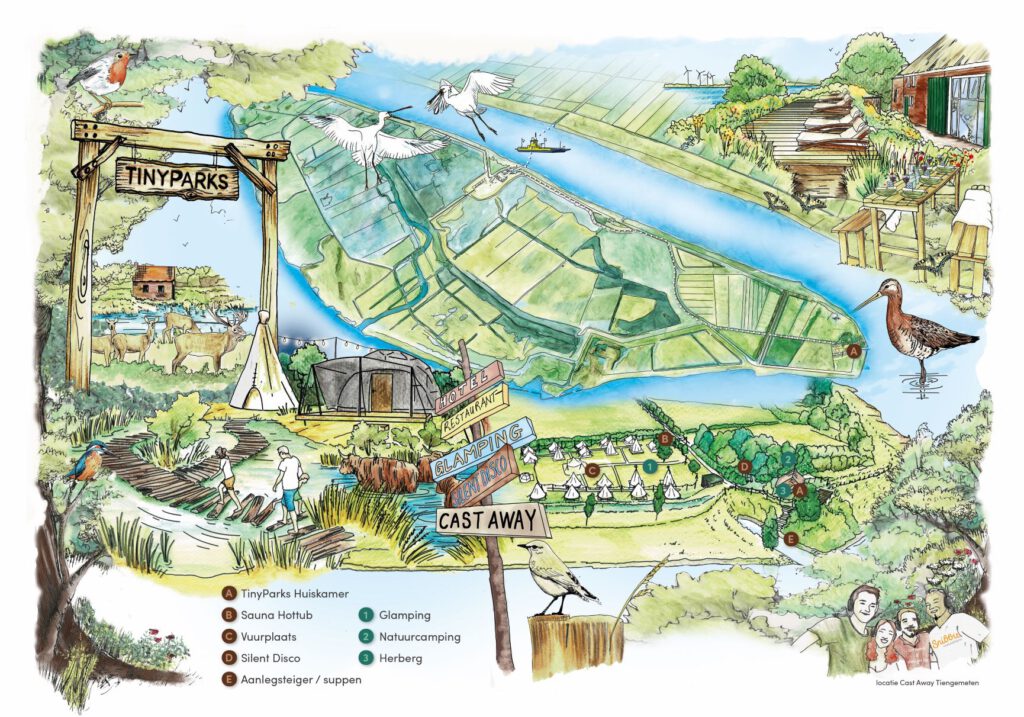 Vogelperspektive der Insel Tiengemeten als Teil des Lageplans für Cast away, Teil des Tinyparks-Konzepts. Der Plan wurde mit handgezeichneten Linien erstellt und mit Aquarellstiften koloriert.