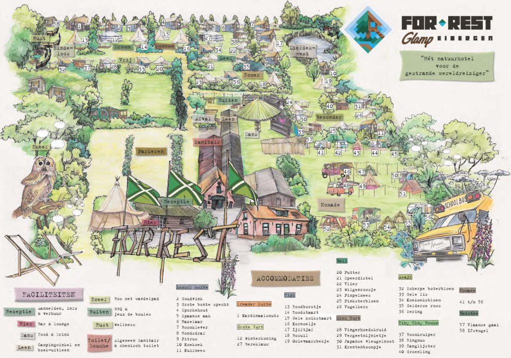 plattegrond van pop-up camping for rest glamp in eibergen. getekend vanuit een birdview perspectief in potloodlijnen met zachte pasteltinten