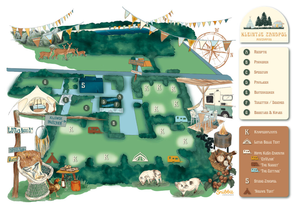Digitaal ingekleurde handgetekende plattegrond van minicamping kleintje zandpol